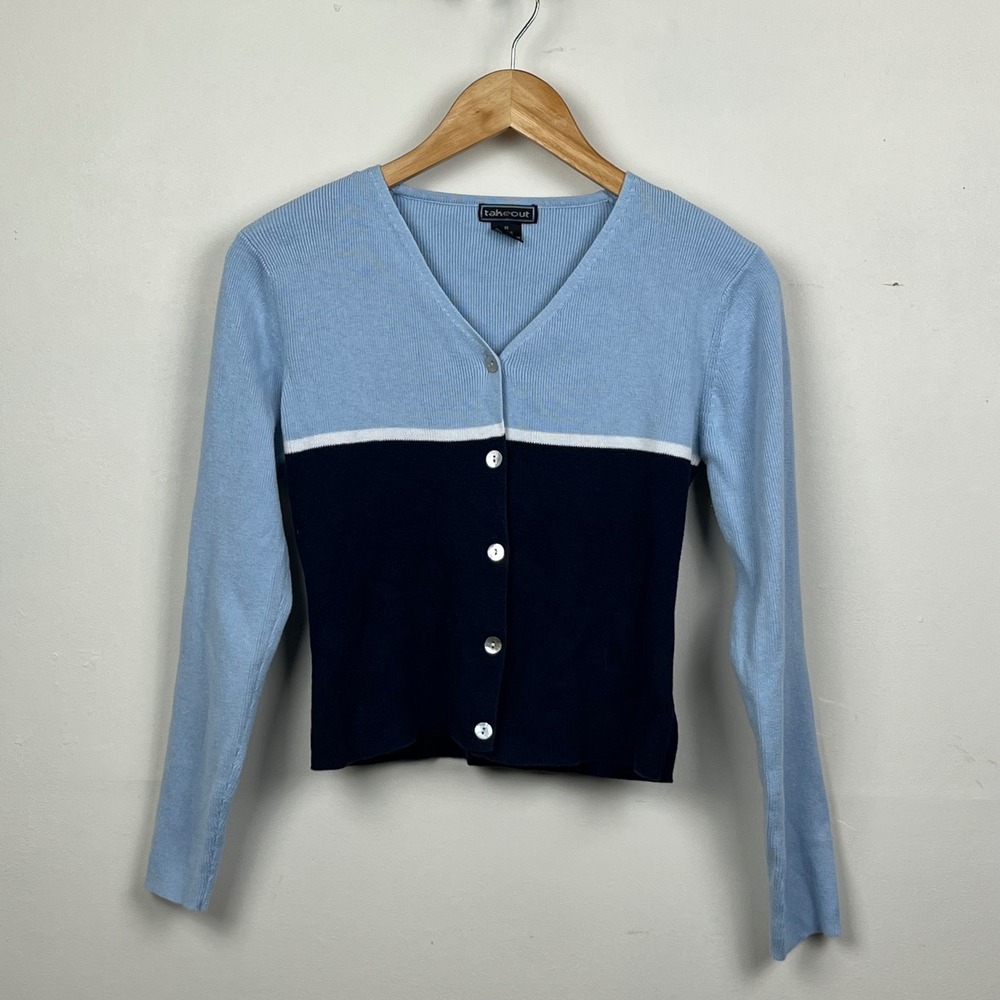 Takeout Womens Colorblock Ribbed Knit Cardigan Blue Navy White V-Neck Sweater M